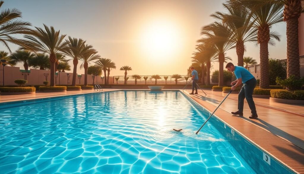 A serene outdoor swimming pool surrounded by lush palm trees and well-manicured landscaping. The pool's crystal-clear azure waters gently ripple under the warm, golden sunlight streaming through a cloudless sky. A team of professional pool cleaners meticulously scrubbing the tiles, skimming the surface, and checking the filtration system to ensure the pool is immaculately maintained. The scene conveys a sense of tranquility and attention to detail, showcasing the comprehensive pool cleaning services available in Taif. A serene outdoor swimming pool surrounded by lush palm trees and well-manicured landscaping. The pool's crystal-clear azure waters gently ripple under the warm, golden sunlight streaming through a cloudless sky. A team of professional pool cleaners meticulously scrubbing the tiles, skimming the surface, and checking the filtration system to ensure the pool is immaculately maintained. The scene conveys a sense of tranquility and attention to detail, showcasing the comprehensive pool cleaning services available in Taif.