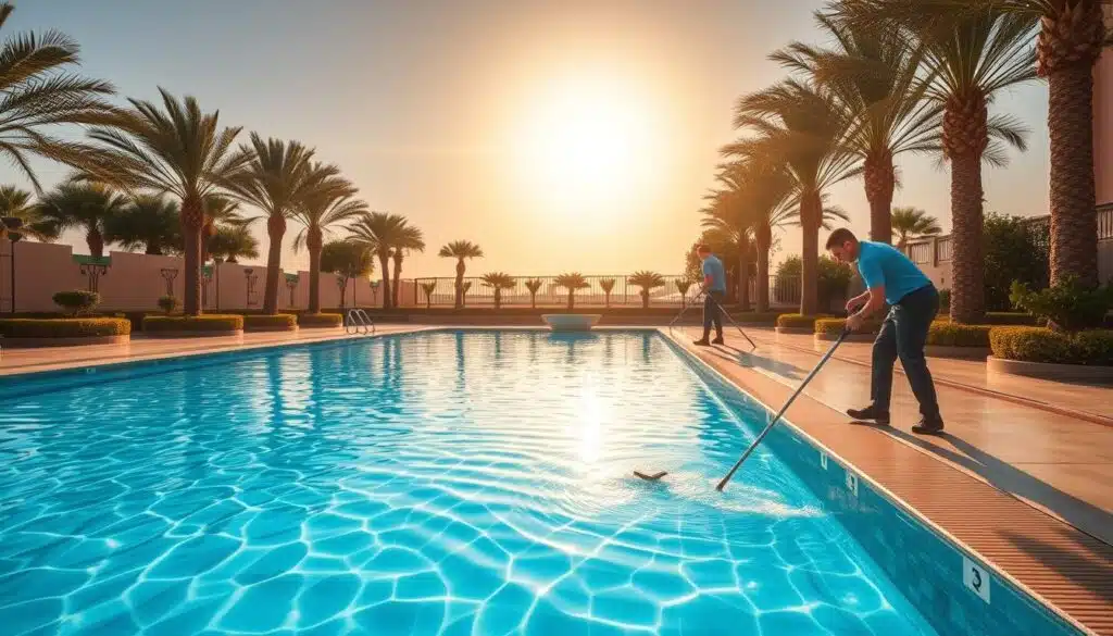 A serene outdoor swimming pool surrounded by lush palm trees and well-manicured landscaping. The pool's crystal-clear azure waters gently ripple under the warm, golden sunlight streaming through a cloudless sky. A team of professional pool cleaners meticulously scrubbing the tiles, skimming the surface, and checking the filtration system to ensure the pool is immaculately maintained. The scene conveys a sense of tranquility and attention to detail, showcasing the comprehensive pool cleaning services available in Taif.