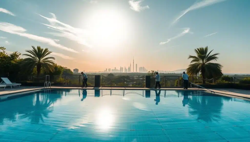 A serene, well-maintained swimming pool surrounded by lush landscaping, with the Taif skyline visible in the distance. Sunlight gently filters through wispy clouds, casting a warm, inviting glow over the scene. A team of skilled cleaners meticulously attend to the pool, ensuring its crystal-clear waters and spotless tiles. The overall atmosphere conveys professionalism, attention to detail, and a commitment to providing the highest quality pool cleaning services for the people of Taif.
